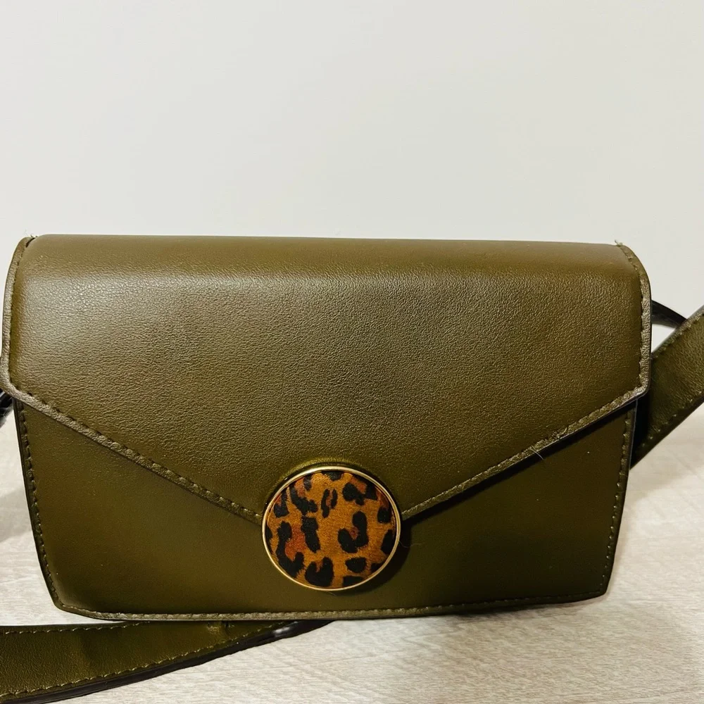 Vintage Bershka Shoulder Bag – Olive Green with Leopard Print Accent